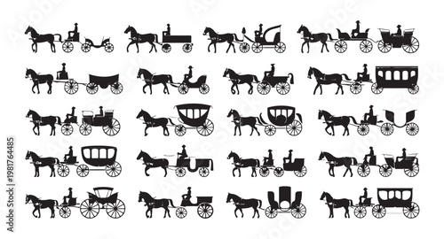Set of vintage horse carriages black silhouettes collection, classic transportation vehicles.