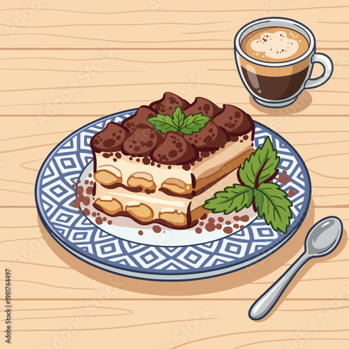 The image presents a mouth-watering tiramisu dessert accompanied by a steaming cup of coffee, showcasing an appealing culinary scene perfect for food lovers and culinary art.