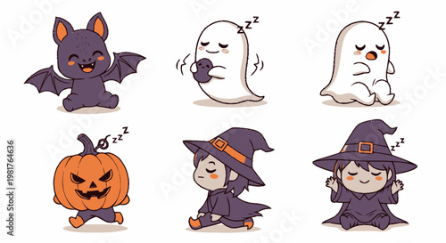 Adorable Halloween Characters - Bat, Ghost, Pumpkin, and Witch Illustrations.