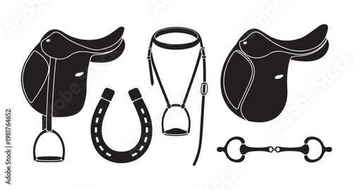Set of equestrian horse riding gear black silhouettes, includes saddles, bridles, horseshoe, bit.