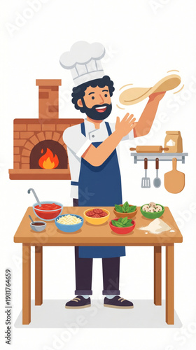 Chef Tossing Pizza Dough in Pizzeria Kitchen
