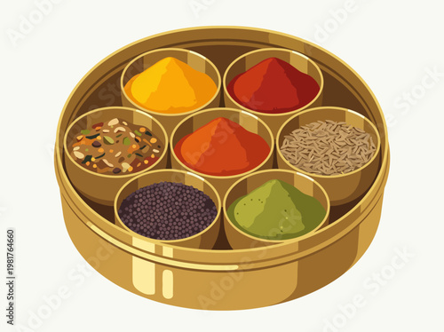 An exquisite spice box showcasing a variety of colorful spices, symbolizing the rich flavors and aromas of Indian cuisine, perfect for culinary applications and food art.