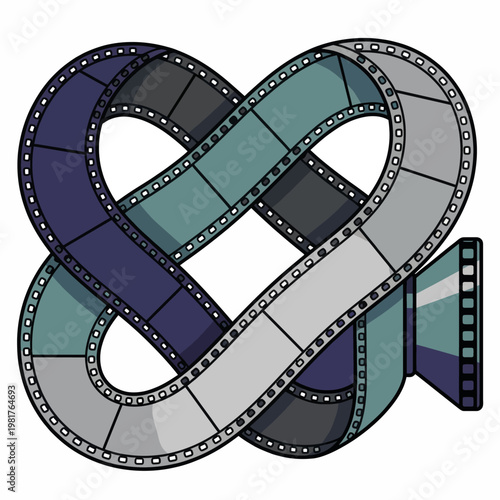 An imaginative representation of a film roll woven into an infinity shape, symbolizing the storytelling of cinema and the endless possibilities of creativity.