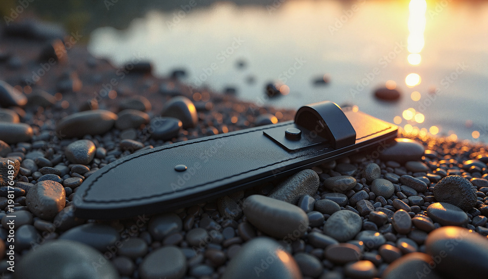 Obraz premium Knife sheath resting on pebbles beside a tranquil water body at sunset. This image captures themes of outdoor adventure, camping, or nature exploration.