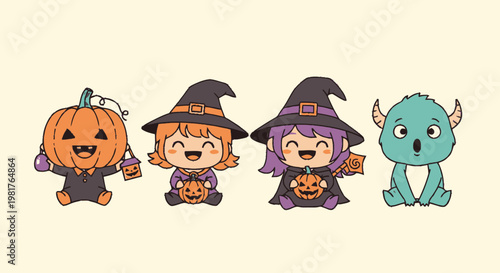 Adorable Halloween Characters - Pumpkin, Witch, and Monster Friends.