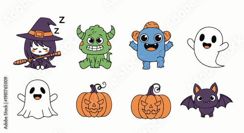 Adorable Halloween Characters - Witch, Monsters, Ghosts, Pumpkins, and Bat.