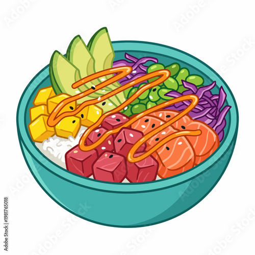 This image features a vibrant poke bowl packed with fresh ingredients like salmon, avocado, and mango, beautifully arranged for an appetizing culinary experience.