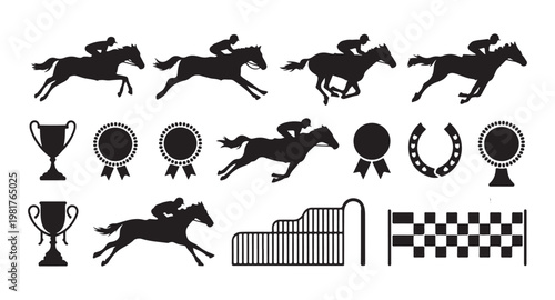Horse racing elements jockeys horses trophies and awards on white background.