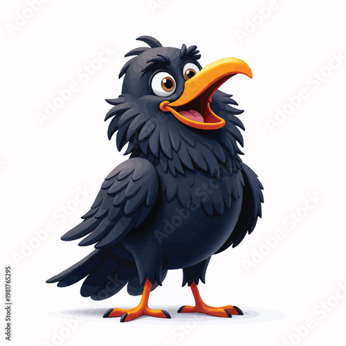 Exaggerated cartoon blackbird with open mouth and wide eyes orange beak white background blackbird character illustration surprised exaggerated stylized whimsical creature wildlife
