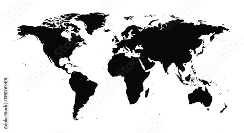A striking black world map design with continents clearly defined a silhouette