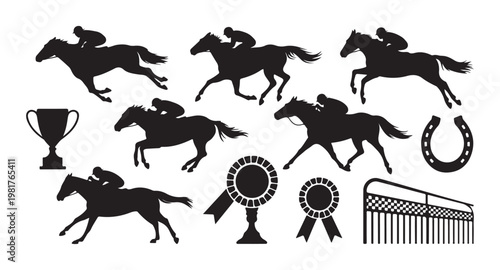 Horse racing jockeys horses trophies awards and track elements.