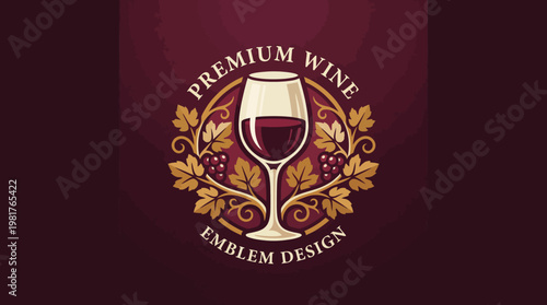 This sophisticated image showcases a premium wine emblem featuring a wine glass and grape vines, perfect for high-end wine brands and marketing campaigns in the wine industry.