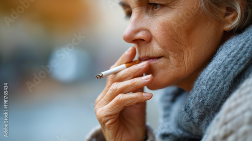 Close-up portrait of a longtime smoker showing yellowed teeth and wrinkled skin in an intimate gritty studio setting