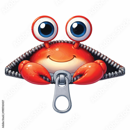 Cartoon crab peeking out from behind a zipper wide eyes white background character illustration surprise concealed whimsical childish creature partially isolated colorful underwater