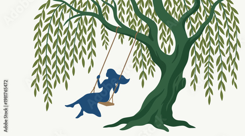 A silhouette of a woman gently swinging on a swing attached to a lush willow tree, evoking a serene and tranquil mood amidst nature's beauty.
