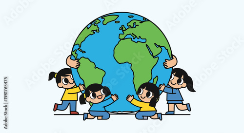 Four diverse cartoon children embracing a large Earth globe, symbolizing global unity and environmental care.