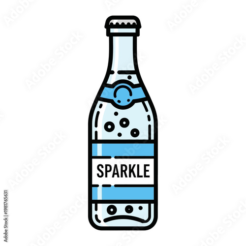 Sparkling water bottle illustration with bubbles and blue accents on white background.