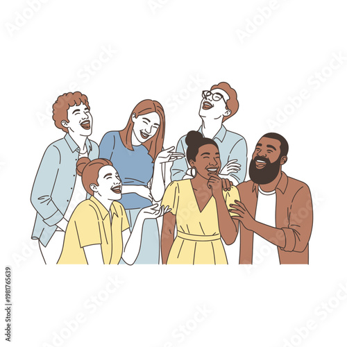 Group of diverse friends laughing together in a moment of joy and happiness.