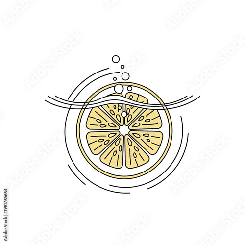 Fresh lemon slice submerged in water with bubbles and ripples, vector illustration.