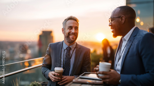 Two businessmen discuss strategy over coffee during an outdoor business meeting on a rooftop terrace overlooking the city skyline in a focused, collaborative mood