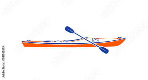 Orange Kayak and Paddle, Simple Line Art Icon, Isolated White Background