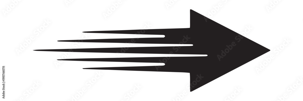 Fototapeta premium Fast motion arrow vector, speed direction symbol with trailing lines, dynamic forward movement icon, minimal black silhouette design for racing, navigation and progress concepts. Arrow moving dynamic.