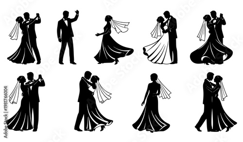 Wedding couple dancing silhouettes bride groom romantic poses black vector illustration set isolated on white