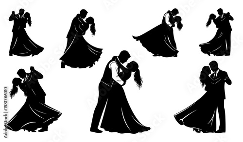 Dynamic wedding couple dancing silhouettes collection bride groom romantic black vector illustration set isolated on white background