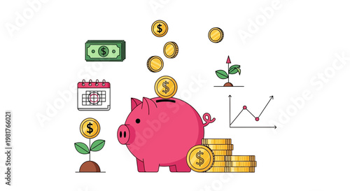 Piggy bank with coins, money, calendar, and growing plant graph