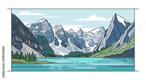 Pixel Art Mountain Landscape with Lake and Snow-Capped Peaks, Serene Nature Scene