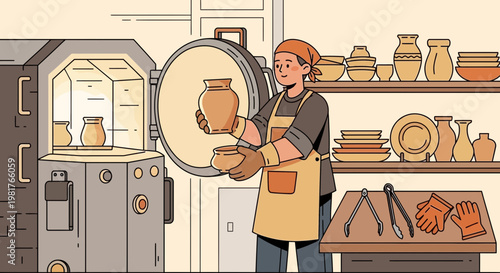 Potter removing ceramic pot from kiln, workshop shelves with pottery