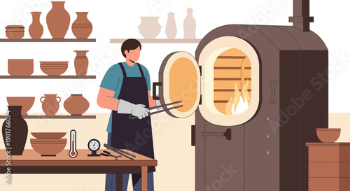 Potter places ceramic vase into hot kiln for firing in workshop