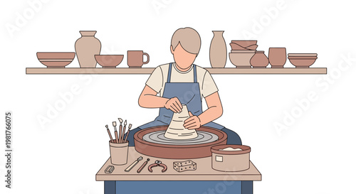 Potter working on a spinning wheel crafting ceramic pottery