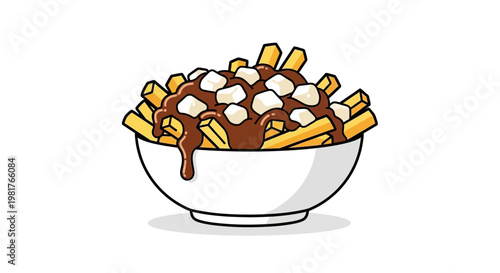 Poutine illustration: french fries with cheese curds and gravy in a bowl