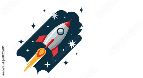 Retro Rocket Ship Launching into Starry Night Sky, Space Exploration