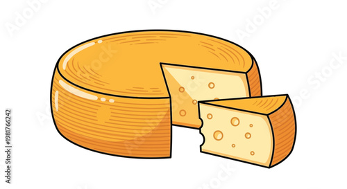 Round Yellow Cheese Wheel with Slice Cut Out, Vector Illustration