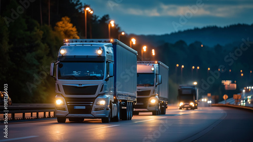 Trucks driving on a highway at night with illuminated logistics logos, glowing lights and cargo transport in motion