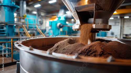 Massive industrial mixer mixing raw materials inside a chemical plant for large-scale production with stainless steel machinery and processing equipment