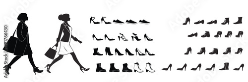 Silhouettes of women walking with various high heel shoes