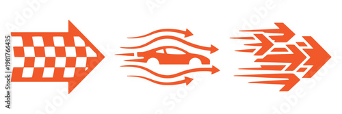 Speed arrow icon set vector, racing direction arrows with motion lines, fast movement and acceleration symbols, dynamic black silhouette collection for performance, navigation and delivery concepts. 