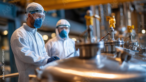 Chemical plant workers in protective suits monitoring large stainless steel reactors in an industrial processing hall focused on safety