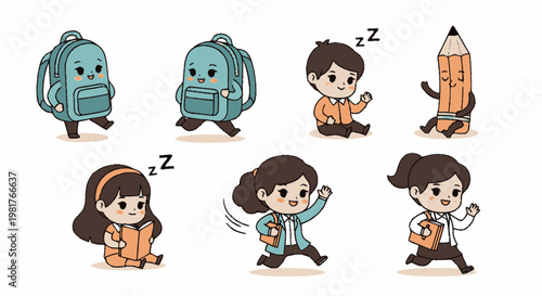 Cute Cartoon School Backpacks and Children in Various Poses.