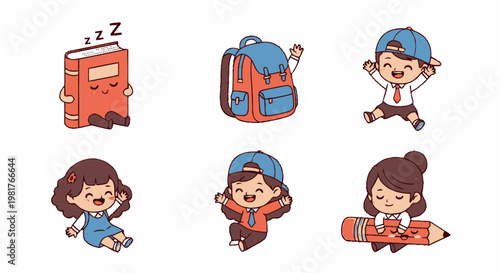 Cute Cartoon School Children And Supplies Set.