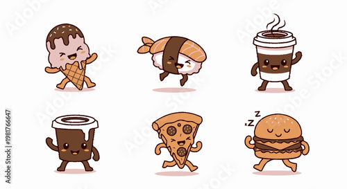 Cute Cartoon Food Characters Running and Smiling on White Background.