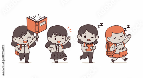 Cute Cartoon School Girls with Backpacks and Books, Ready for School.