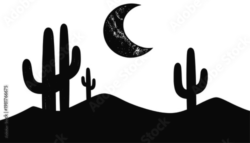Desert Cactus Night Silhouette Illustration – Crescent Moon Landscape Art with Sand Dune for Boho Wall Decor, Western Theme Print, Minimal Nature Artwork