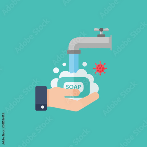 Hand holding soap under faucet.