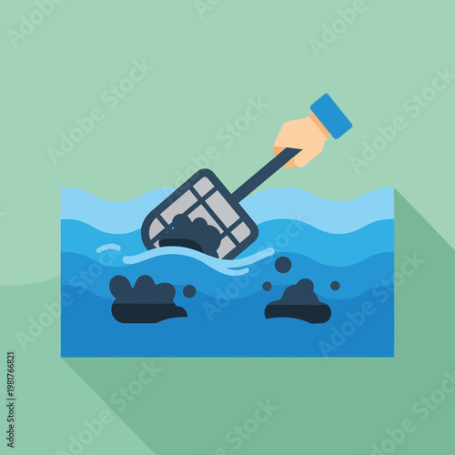 Hand holding oil skimmer on water.