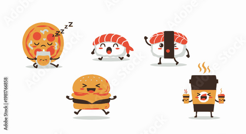 Cute Cartoon Food Characters Smiling and Expressing Emotions on White Background.