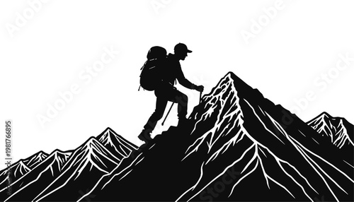 Silhouette of hiker climbing a mountain peak with backpack in a rugged landscape representing adventure exploration and outdoor trekking